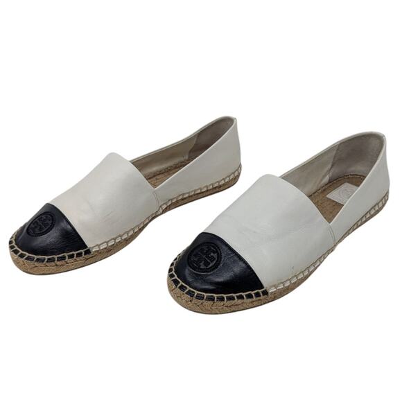 Tory Burch Colorblock Leather Espadrilles White Black Cap Toe Flats Size 10 - Picture 3 of 9